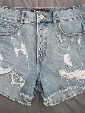 Express Light Blue Denim Shorts with Branded Button